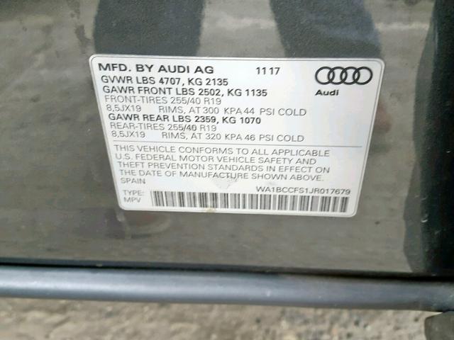 WA1BCCFS1JR017679 - 2018 AUDI Q3 PREMIUM GRAY photo 10