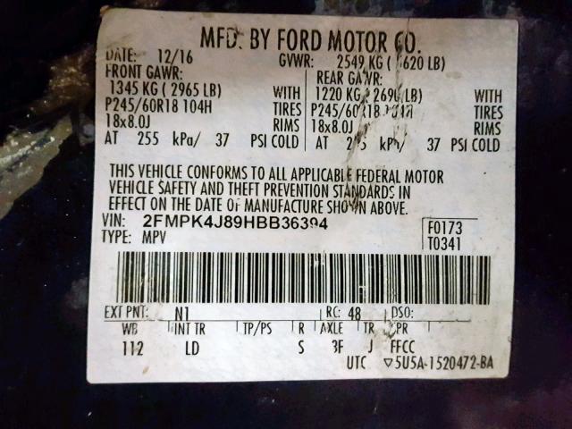 2FMPK4J89HBB36394 - 2017 FORD EDGE SEL BLUE photo 10