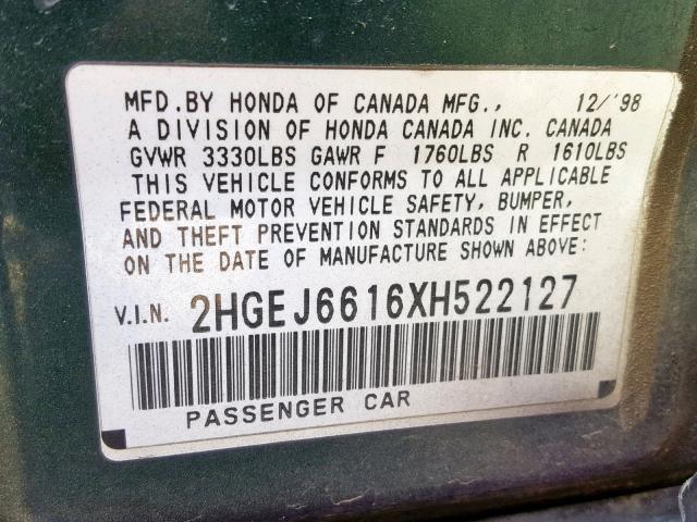 2HGEJ6616XH522127 - 1999 HONDA CIVIC BASE GRAY photo 10