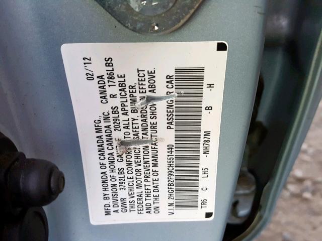 2HGFB2F99CH551440 - 2012 HONDA CIVIC EXL BLUE photo 10