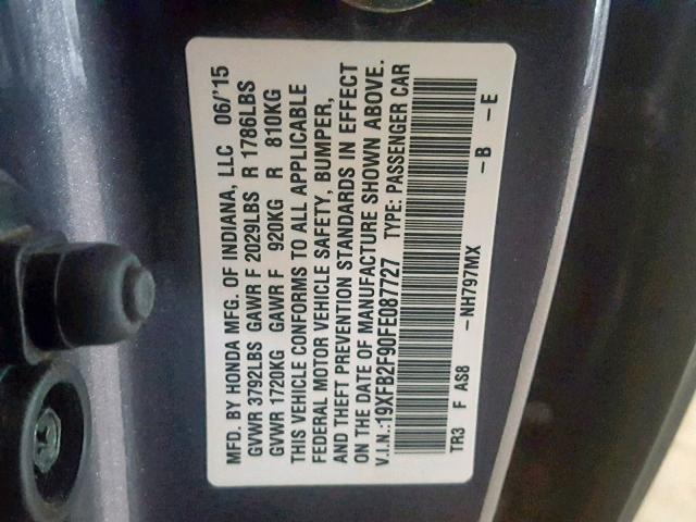 19XFB2F90FE087727 - 2015 HONDA CIVIC EXL GRAY photo 10