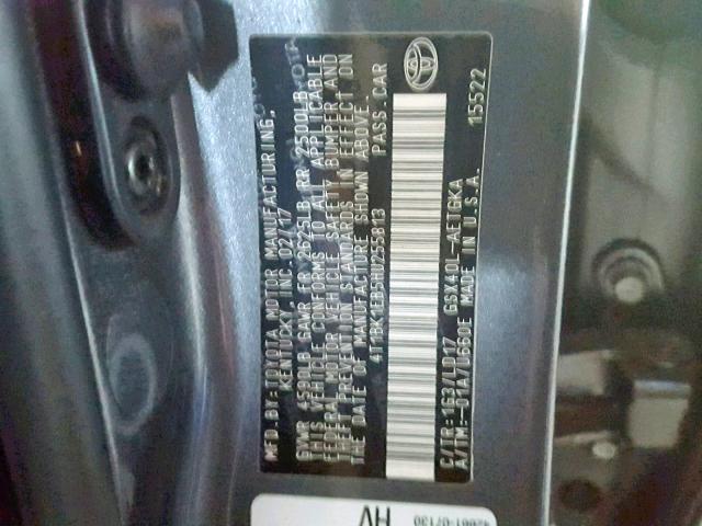 4T1BK1EB5HU255813 - 2017 TOYOTA AVALON XLE GRAY photo 10