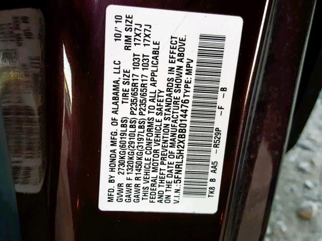 5FNRL5H2XBB014476 - 2011 HONDA ODYSSEY LX BURGUNDY photo 10