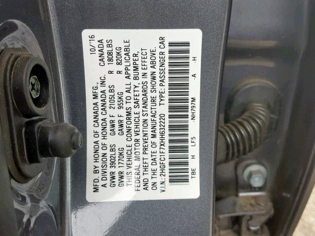 2HGFC1F7XHH632220 - 2017 HONDA CIVIC EXL GRAY photo 10