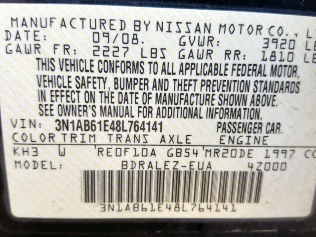 3N1AB61E48L764141 - 2008 NISSAN SENTRA 2.0 BLACK photo 10