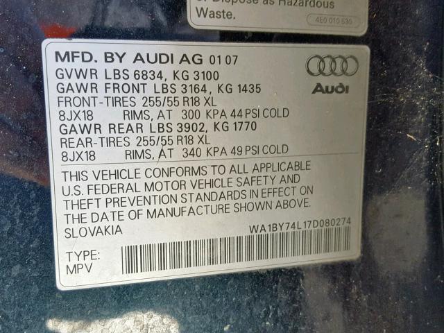 WA1BY74L17D080274 - 2007 AUDI Q7 3.6 QUA BLUE photo 10