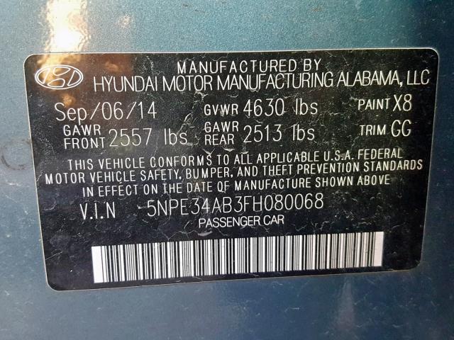 5NPE34AB3FH080068 - 2015 HYUNDAI SONATA SPO TEAL photo 10