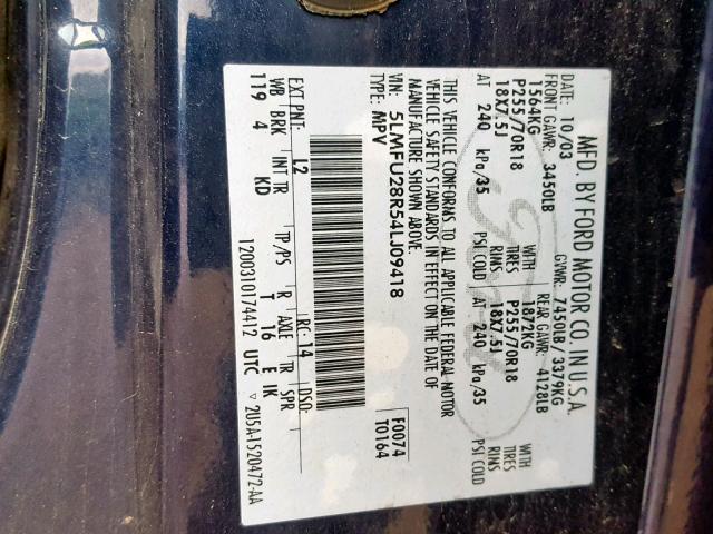 5LMFU28R54LJ09418 - 2004 LINCOLN NAVIGATOR Көк фото 10