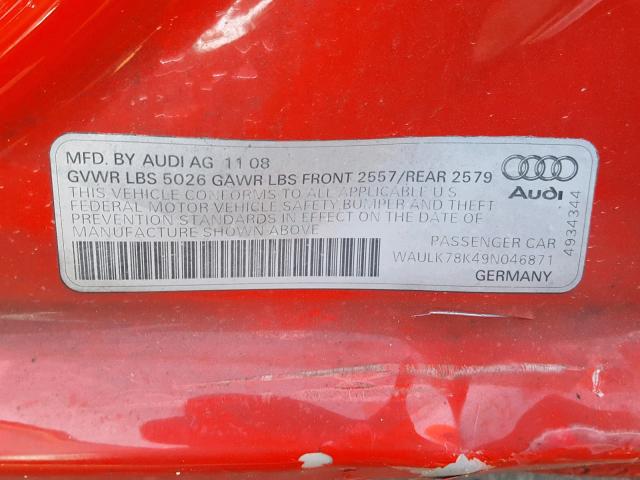 WAULK78K49N046871 - 2009 AUDI A4 3.2 QUA RED photo 10