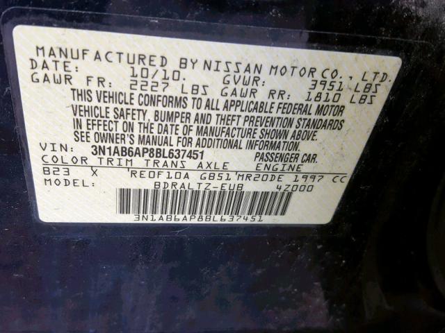 3N1AB6AP8BL637451 - 2011 NISSAN SENTRA 2.0 BLUE photo 10