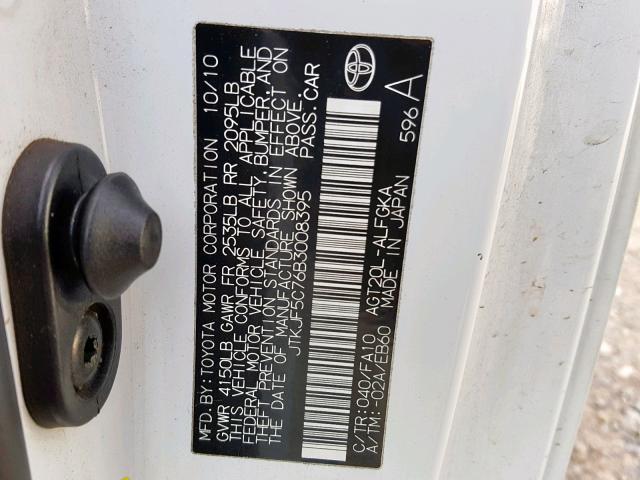 JTKJF5C76B3008395 - 2011 TOYOTA SCION TC თეთრი ფოტო 10