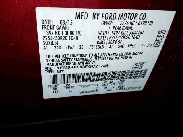 1FM5K8F88FGC23748 - 2015 FORD EXPLORER L RED photo 10