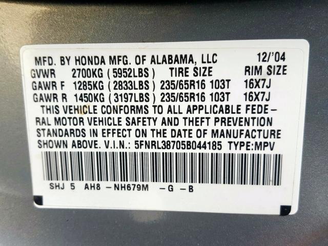 5FNRL38705B044185 - 2005 HONDA ODYSSEY EX BLUE photo 10