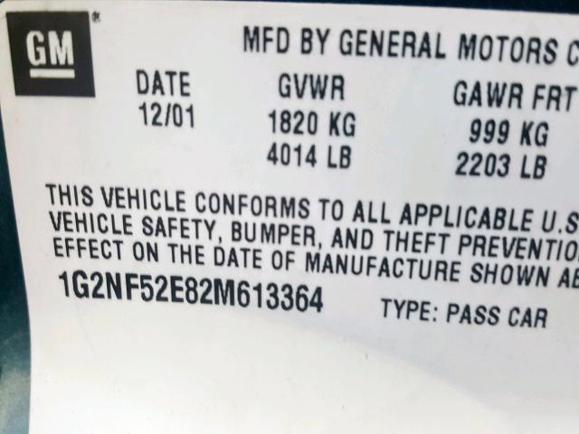1G2NF52E82M613364 - 2002 PONTIAC GRAND AM S GREEN photo 10