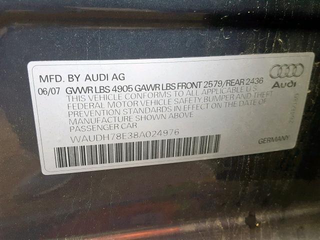 WAUDH78E38A024976 - 2008 AUDI A4 3.2 QUA GRAY photo 10