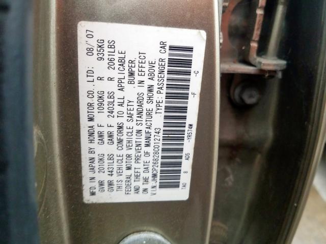 JHMCP26828C012743 - 2008 HONDA ACCORD EXL GOLD photo 10