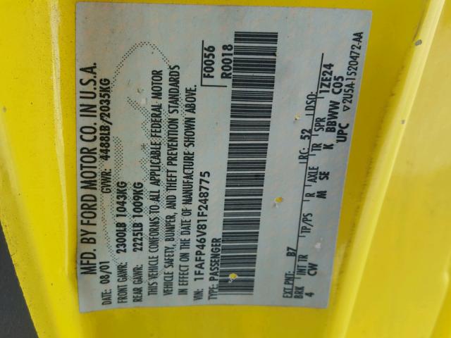 1FAFP46V81F248775 - 2001 FORD MUSTANG CO YELLOW photo 10