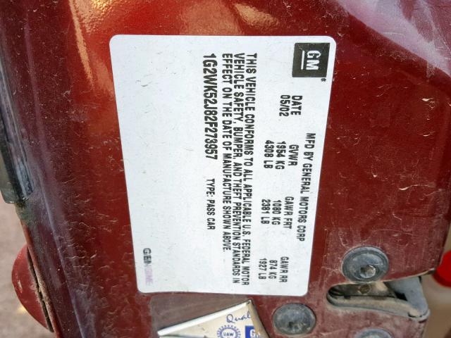 1G2WK52J82F273957 - 2002 PONTIAC GRAND PRIX მუქწითელი ფოტო 10