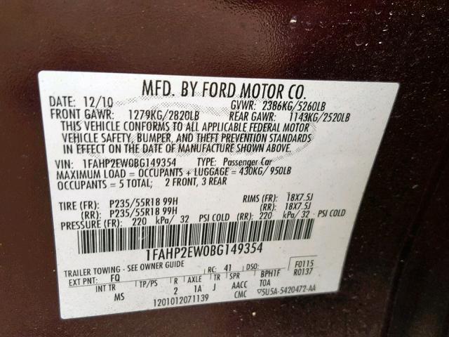 1FAHP2EW0BG149354 - 2011 FORD TAURUS SEL BURGUNDY photo 10