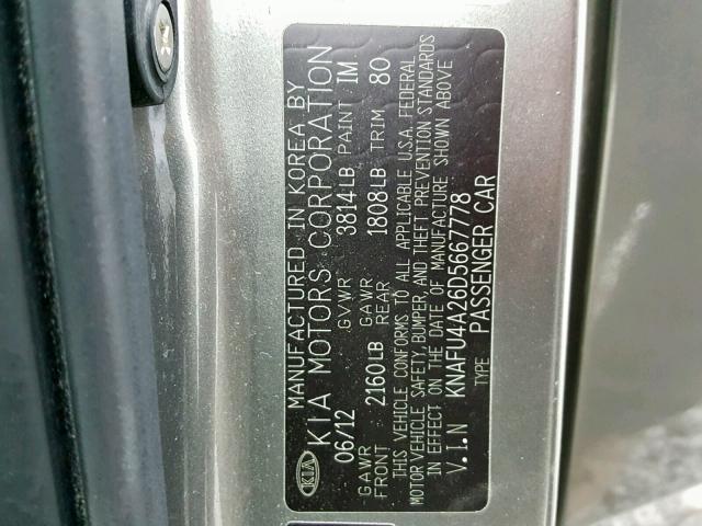 KNAFU4A26D5667778 - 2013 KIA FORTE EX GRAY photo 10