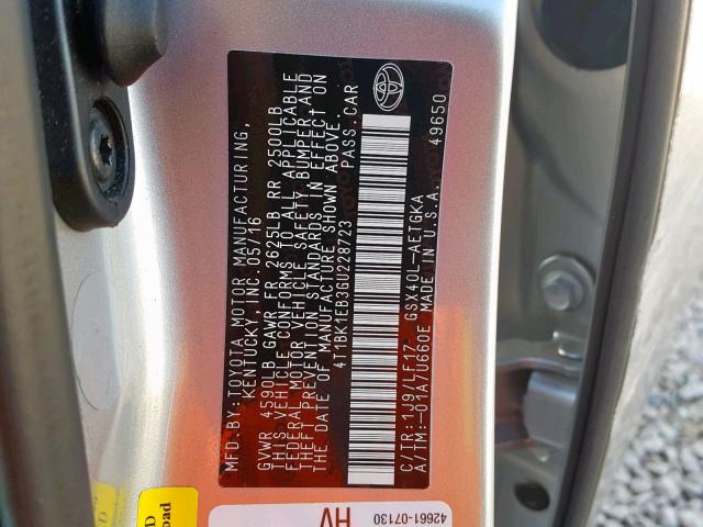4T1BK1EB3GU228723 - 2016 TOYOTA AVALON XLE SILVER photo 10