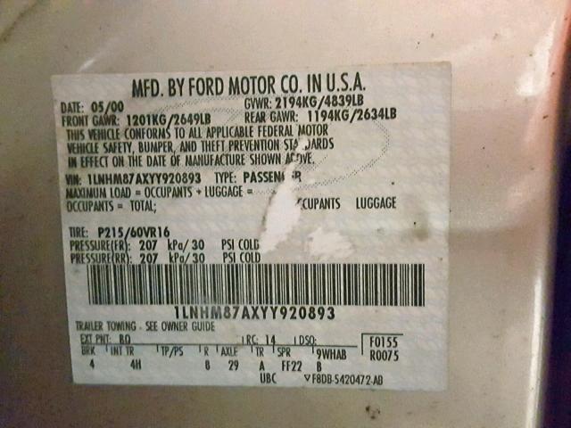 1LNHM87AXYY920893 - 2000 LINCOLN LS GOLD photo 10