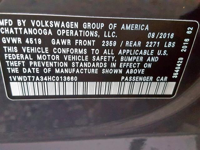 1VWDT7A34HC013660 - 2017 VOLKSWAGEN PASSAT R-L GRAY photo 10