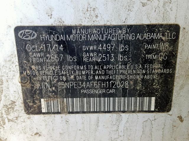 5NPE34AF6FH112028 - 2015 HYUNDAI SONATA SPO WHITE photo 10