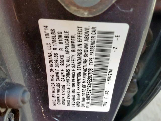 19XFB2F9XFE207808 - 2015 HONDA CIVIC EXL GRAY photo 10