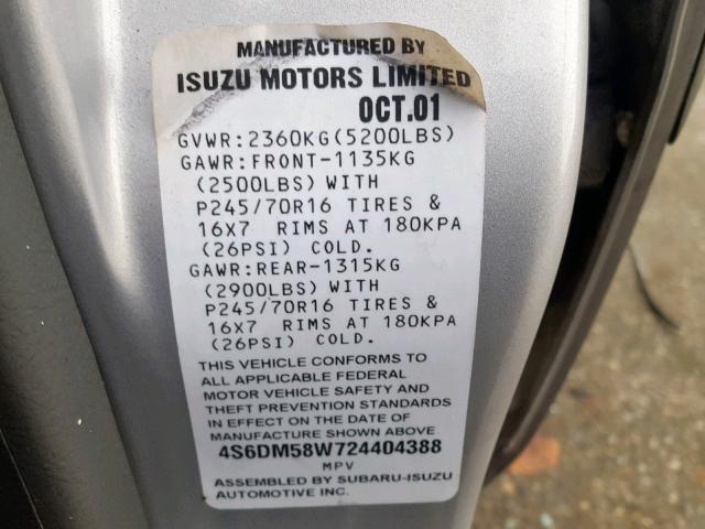 4S6DM58W724404388 - 2002 HONDA PASSPORT E SILVER photo 10