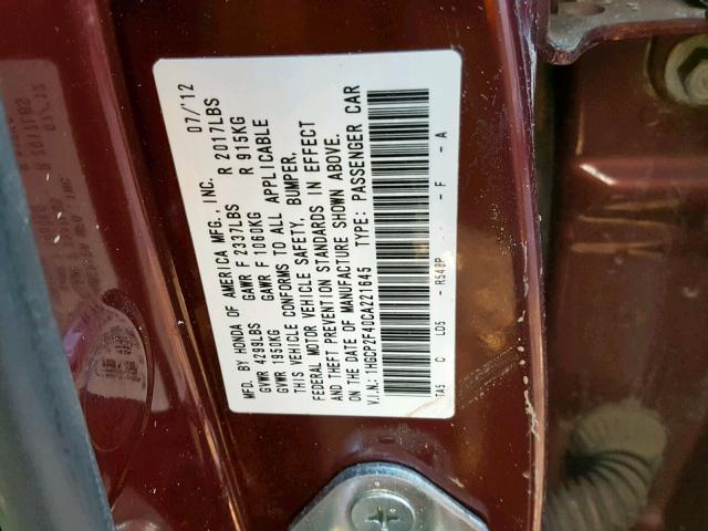 1HGCP2F40CA221645 - 2012 HONDA ACCORD LXP BURGUNDY photo 10