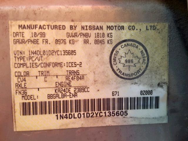 1N4DL01D2YC135605 - 2000 NISSAN ALTIMA XE TAN photo 10