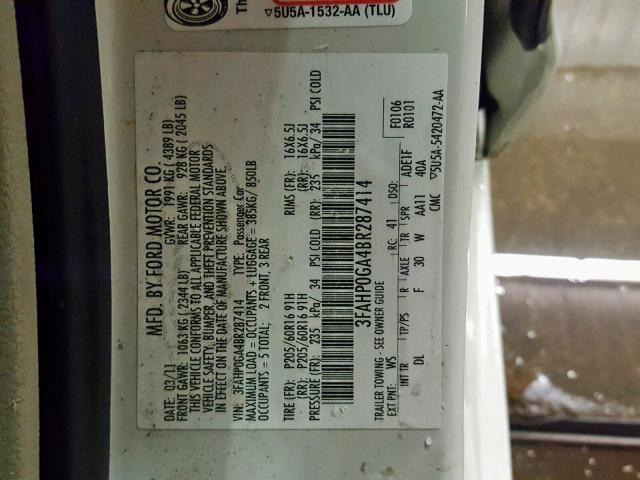 3FAHP0GA4BR287414 - 2011 FORD FUSION S WHITE photo 10