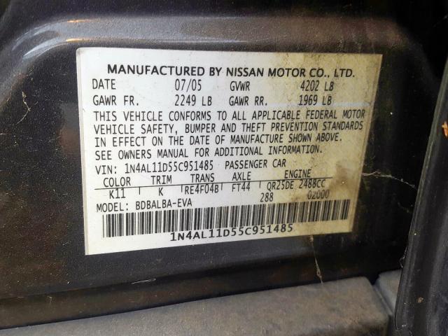 1N4AL11D55C951485 - 2005 NISSAN ALTIMA S GRAY photo 10