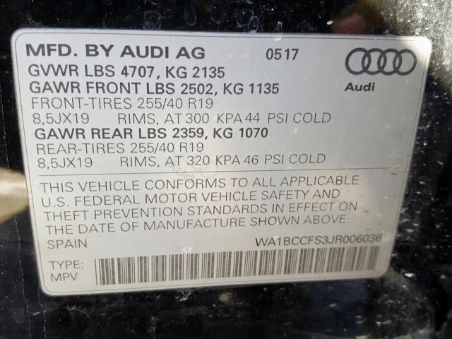 WA1BCCFS3JR006036 - 2018 AUDI Q3 PREMIUM BLACK photo 10