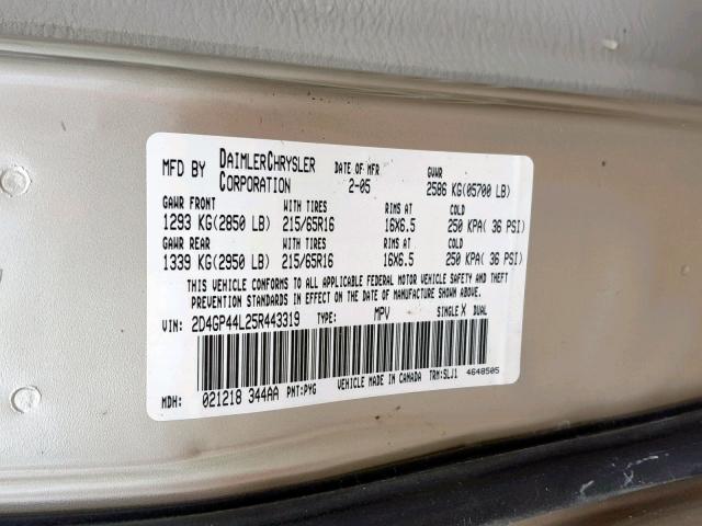 2D4GP44L25R443319 - 2005 DODGE GRAND CARAVAN SXT  photo 10