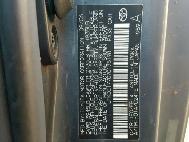 JTKDE177070175198 - 2007 TOYOTA SCION TC გრაფიტი ფოტო 10