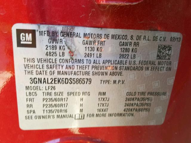 3GNAL2EK6DS586579 - 2013 CHEVROLET CAPTIVA LS 红色 照片 10