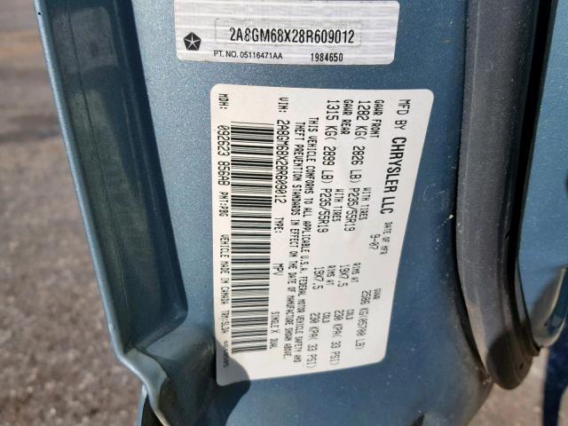 2A8GM68X28R609012 - 2008 CHRYSLER PACIFICA T BLUE photo 10