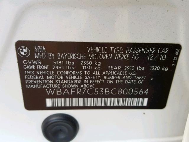 WBAFR7C53BC800564 - 2011 BMW 535 I WHITE photo 10