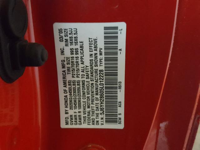 5J6YH28605L012228 - 2005 HONDA ELEMENT EX RED photo 10