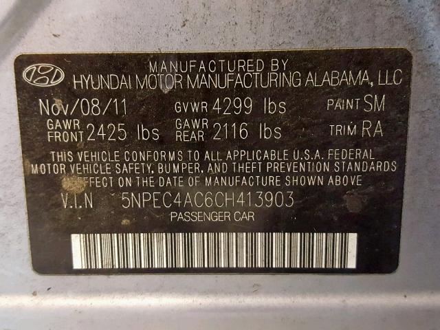 5NPEC4AC6CH413903 - 2012 HYUNDAI SONATA SE SILVER photo 10