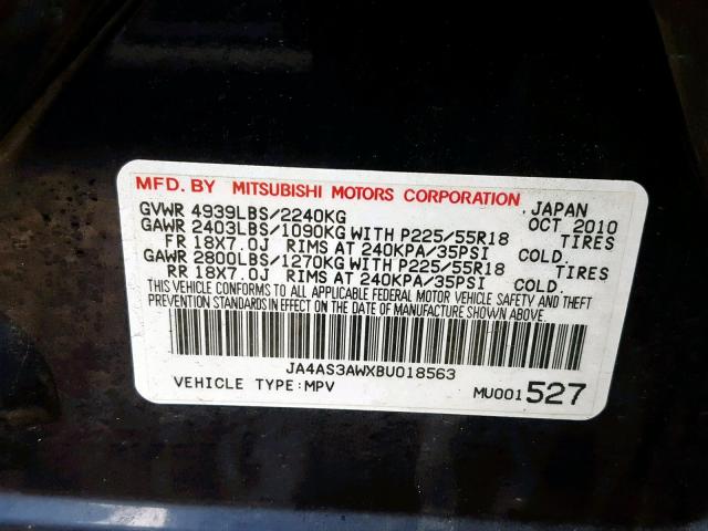 JA4AS3AWXBU018563 - 2011 MITSUBISHI OUTLANDER BLUE photo 10