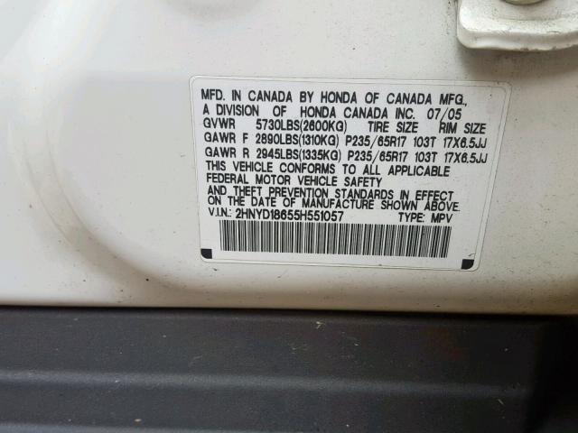 2HNYD18655H551057 - 2005 ACURA MDX TOURIN WHITE photo 10