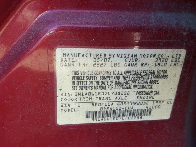 3N1AB61E07L708258 - 2007 NISSAN SENTRA 2.0 RED photo 10