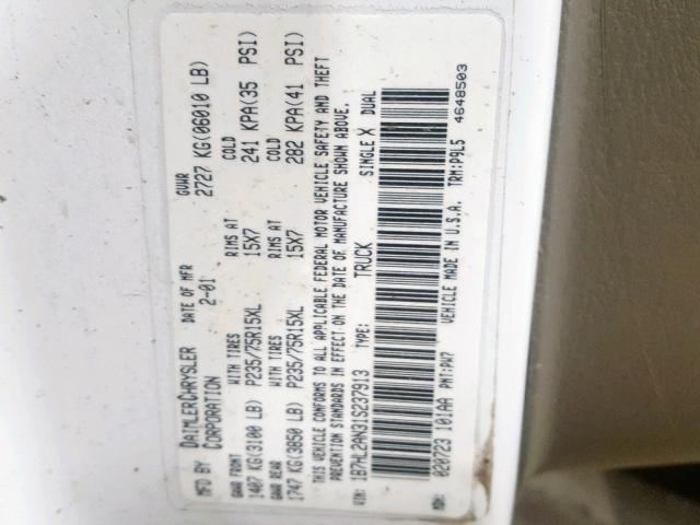 1B7HL2AN31S237913 - 2001 DODGE DAKOTA QUA WHITE photo 10