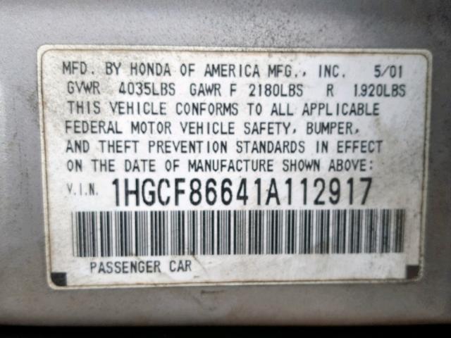 1HGCF86641A112917 - 2001 HONDA ACCORD VAL SILVER photo 10