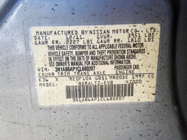 3N1AB6AP1CL680207 - 2012 NISSAN SENTRA 2.0 GRAY photo 10