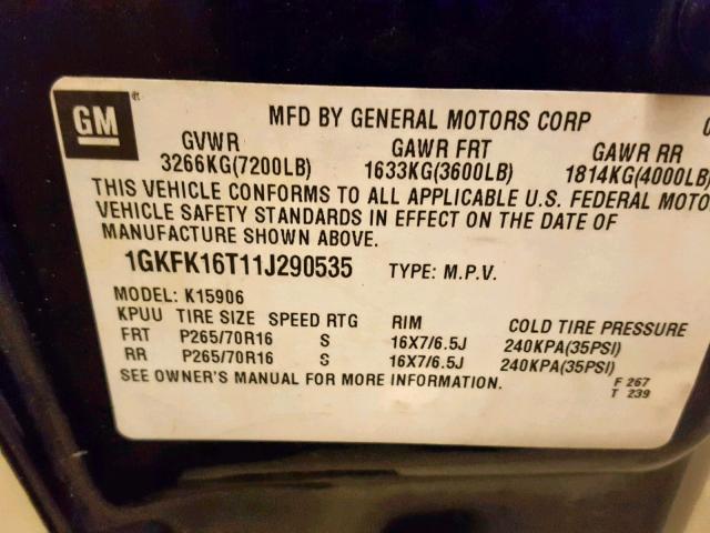 1GKFK16T11J290535 - 2001 GMC YUKON XL K BLACK photo 10