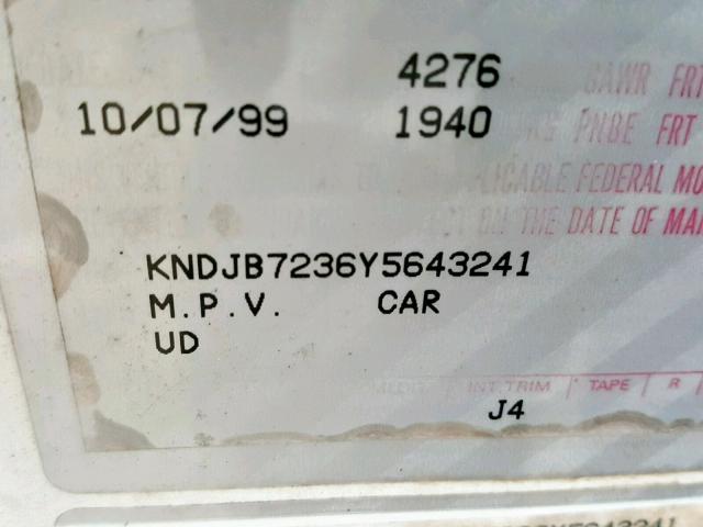 KNDJB7236Y5643241 - 2000 KIA SPORTAGE WHITE photo 10